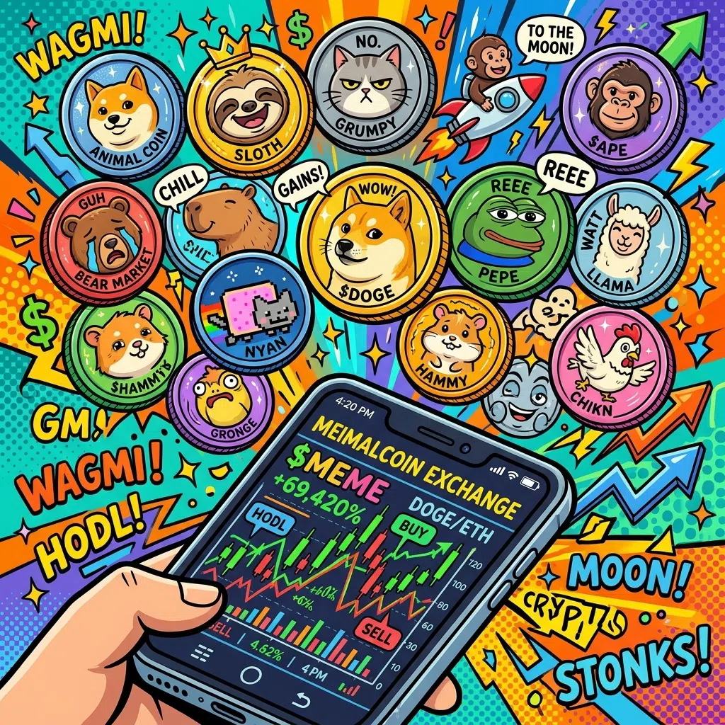Cartoon meme coin mascots floating above a phone with a price chart