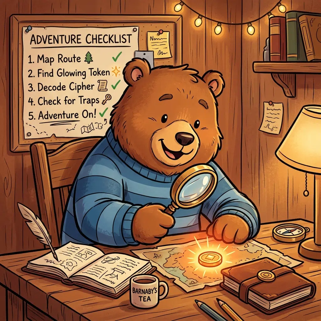 Cartoon bear researching a token with a magnifying glass and checklist