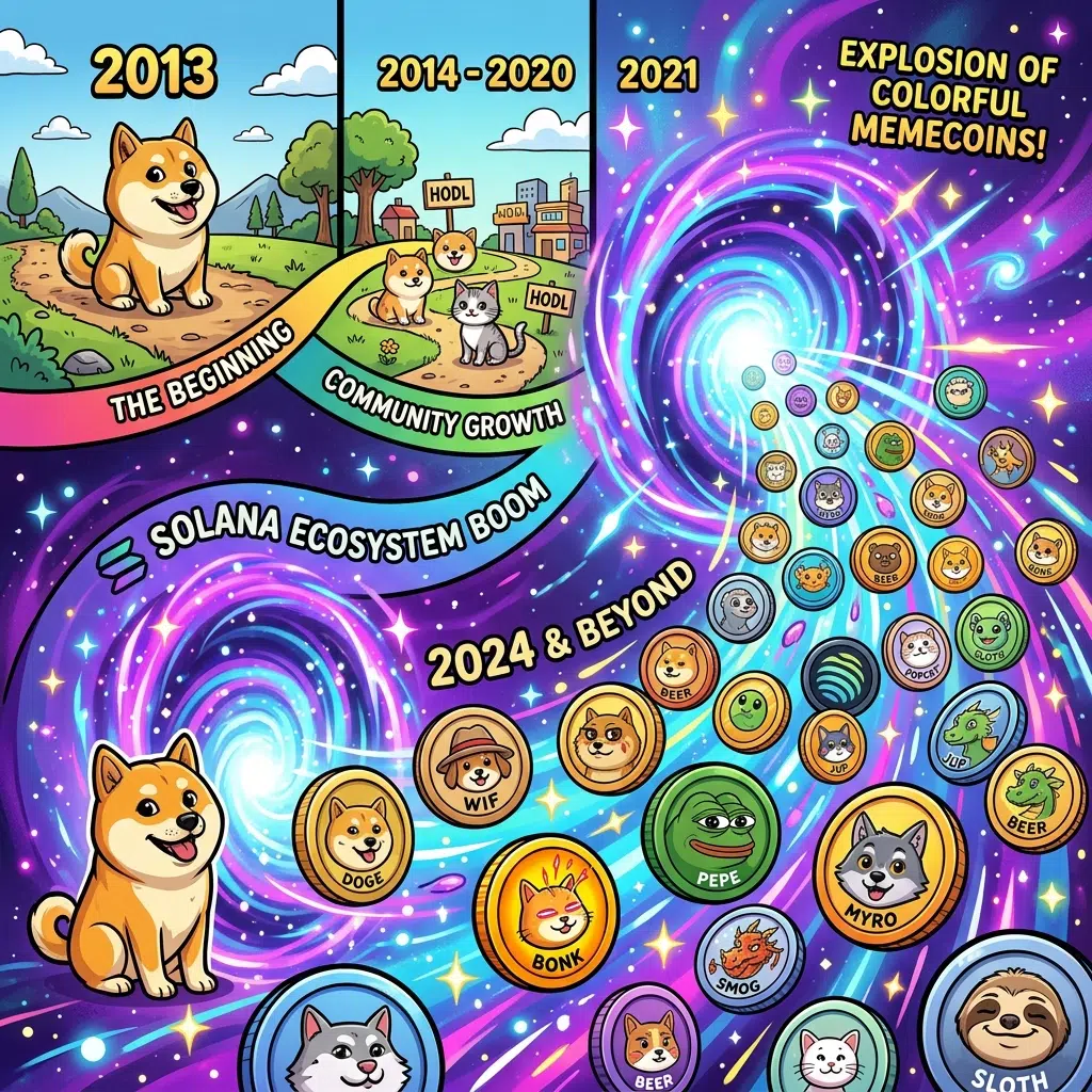 Illustrated timeline from Dogecoin to the Solana meme coin explosion